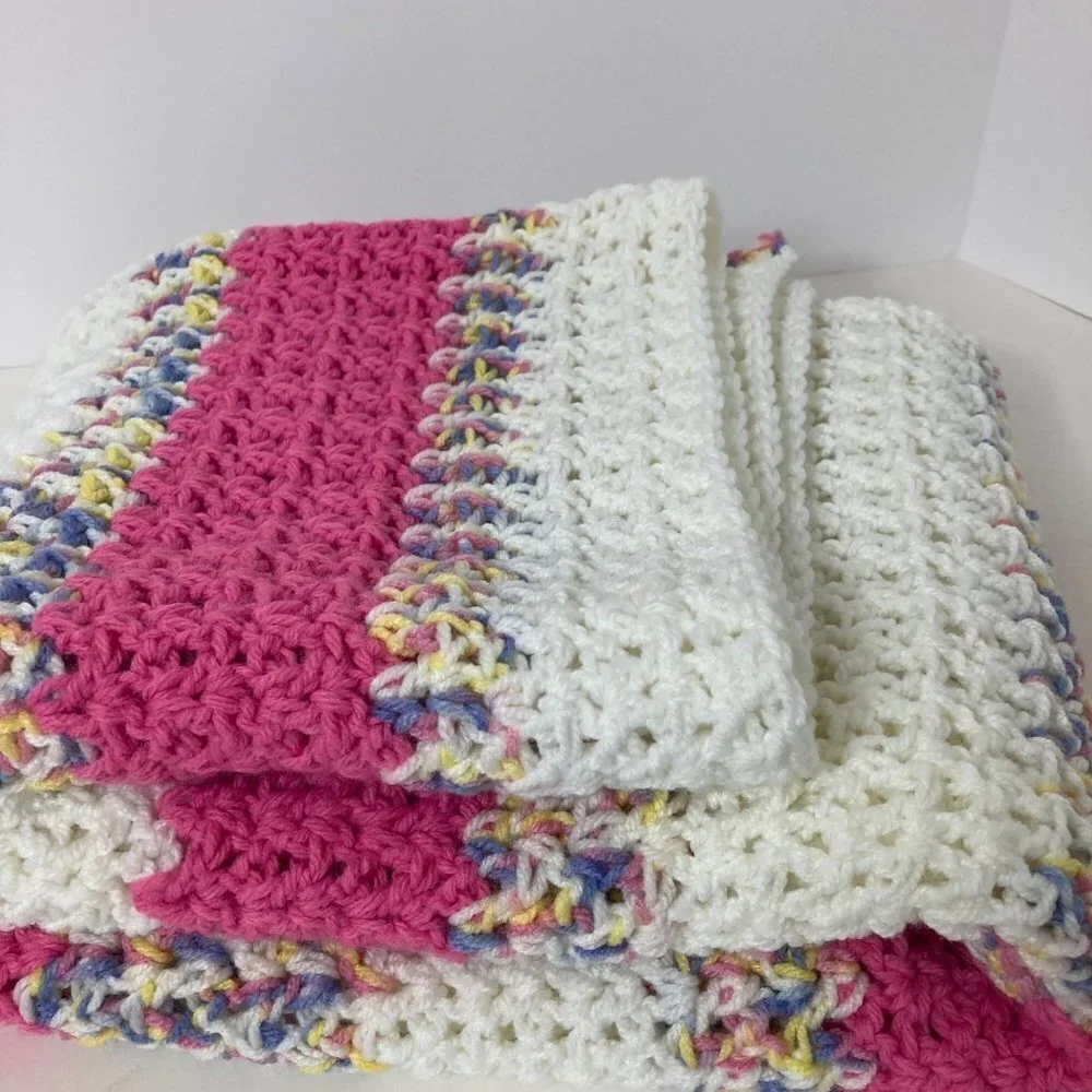 Handmade Crocheted Blanket White Dk Pink Variegated‎ Pastel Stripes 36 x 41